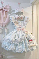 [Puppy Pastry Chef] Lapel Collar Printed Ruffled Embroidered Bow Lace Asymmetric Sweet Lolita Dress 3 Colors (Yellow, Blue, Pink)