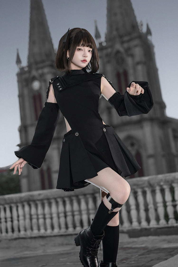 Black [Reserve Tactics] Ruffled Cut-Out Asymmetric Gothic Lolita Dress Set