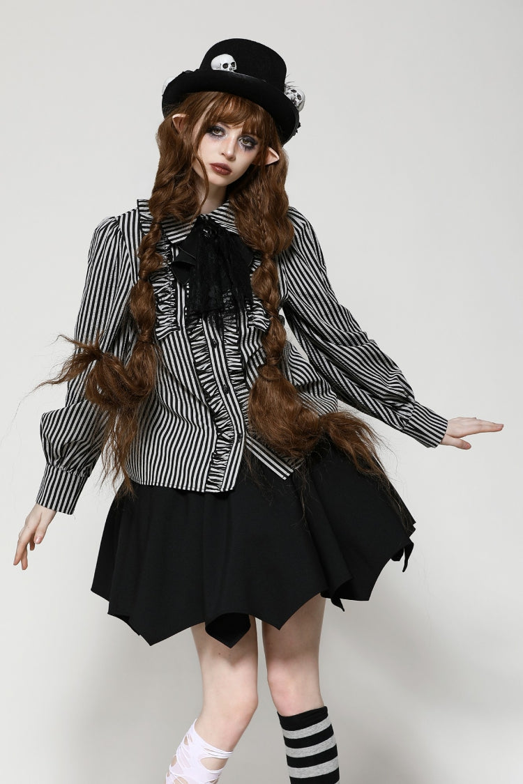 Black/White Skull Lace Jabot Striped Lapel Collar Long Sleeves Ruffled Women's Lolita Gothic Blouse