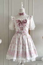 Pink [Teddy Bear Party] Square Collar Short Sleeves Printed Ruffled Bow Lace Sweet Jirai Kei Japanese Dress