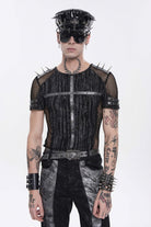 Black Round Collar Long Sleeves Spliced Slim Mesh Studded Eyelet Men's Punk T-Shirt