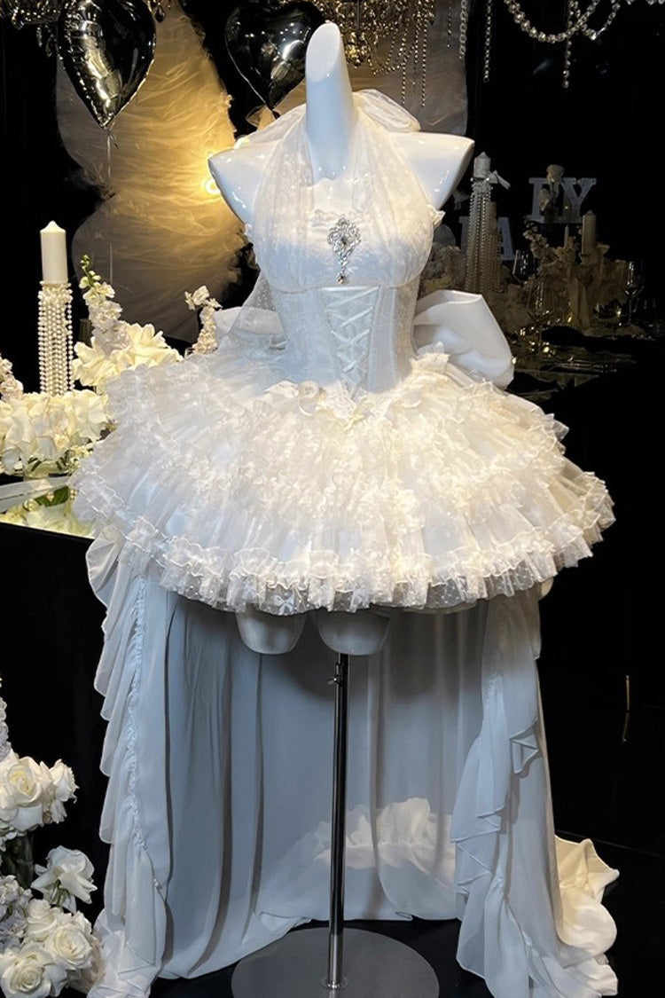 White [Dream] Halterneck Sleeveless Triple-Layered Ruffle Hanayome Lace Lace-Up Sweet Princess Lolita Dress