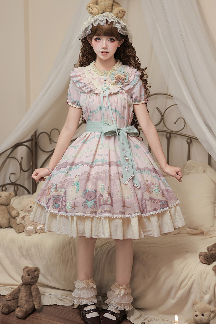 Pink [Brown Dollhouse] Short Sleeves Bear Printed Ruffled Bow Sweet Lolita Dress Set