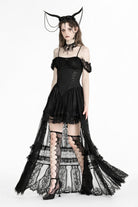 Black Off Shoulder Short Flutter Sleeves Lace-Up Lace High/Low Women's Gothic Prom Slip Dress