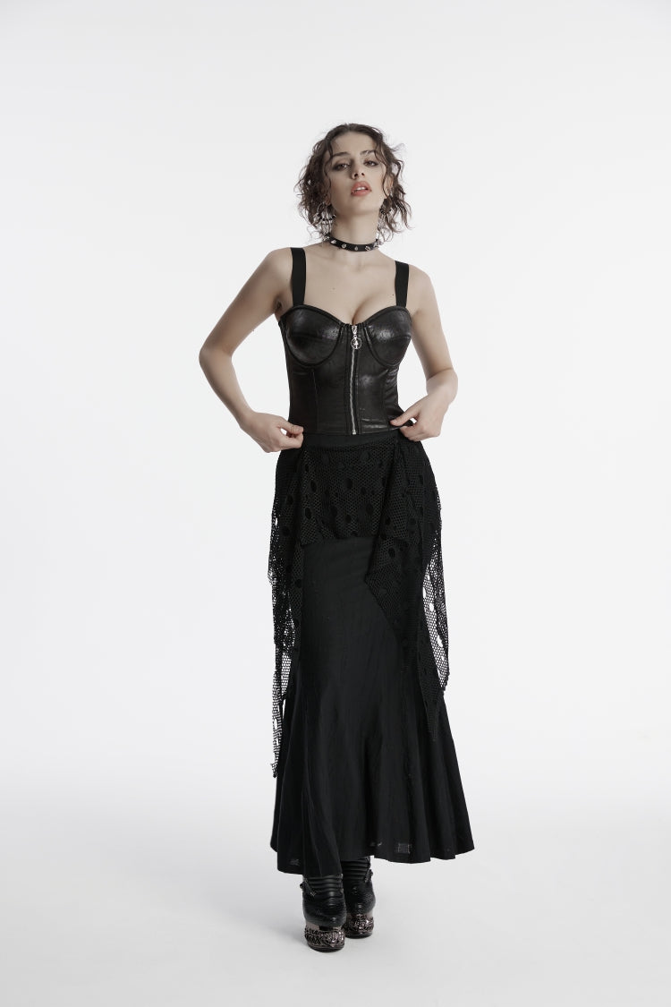Double-Layered Spliced Mesh Ripped Eyelet Women's Punk Fishtail Skirt