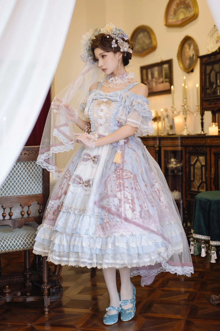 Blue [Moonlight Melody] Off Shoulder Sleeveless Multi-Layered Hanayome Open-Front Bow Lace Sweet Gorgeous Lolita Jsk Dress Set