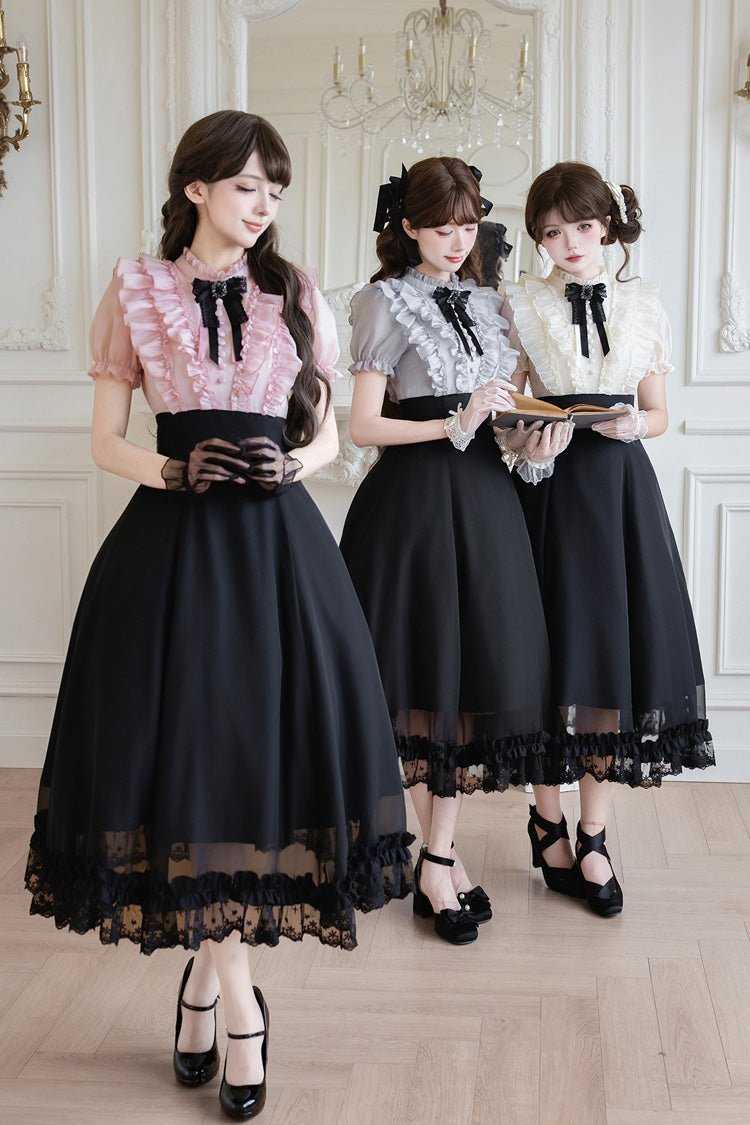 Black [Miss Lola · Snow Kiss] Stand Collar Short Puff Sleeves Ruffled Color-Blocked Faux Two-Piece Sweet Lolita Long Dress 3 Colors