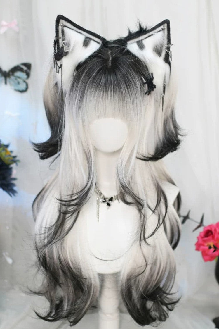 Black/White Ombre Long Wavy Sweet Lolita Wig with Air Bangs