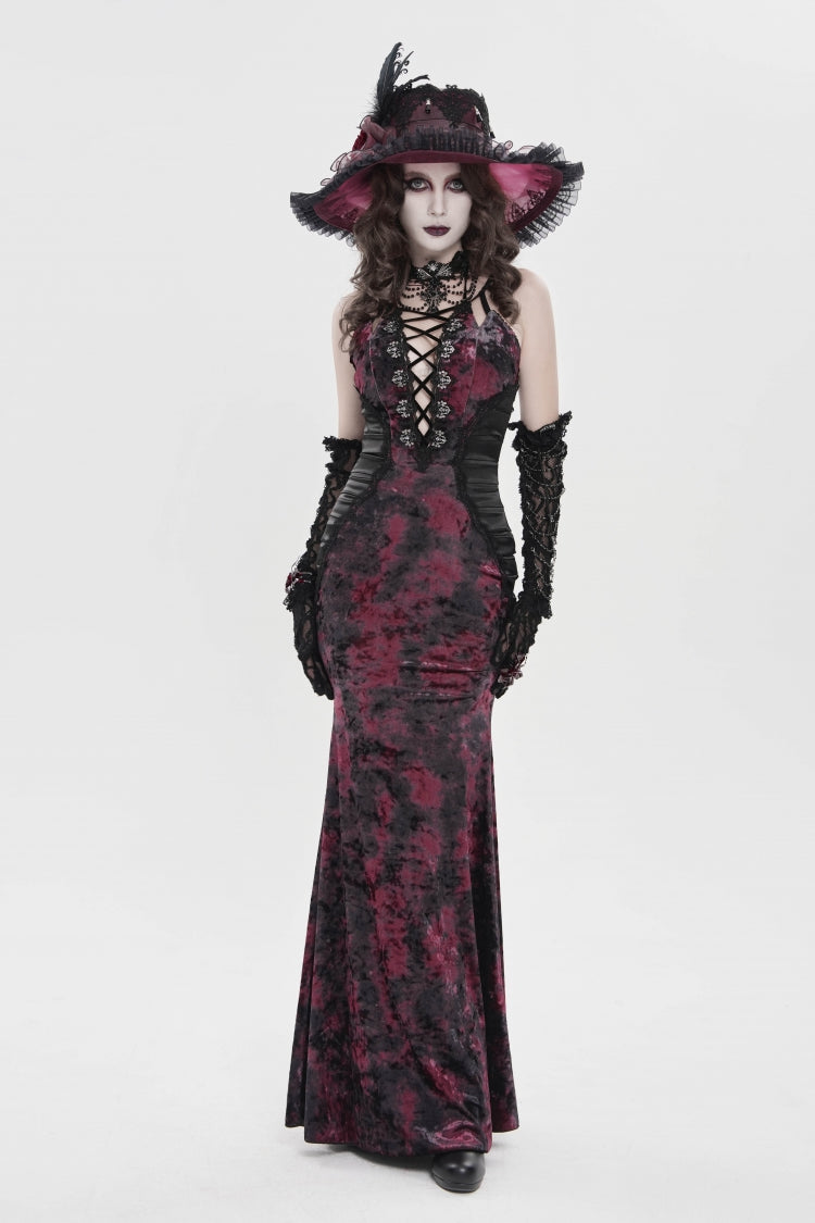 Black/Red Off Shoulder Halterneck Printed Hanayome Lace Lace-Up Slim Pleated Women's Gothic Jsk Dress