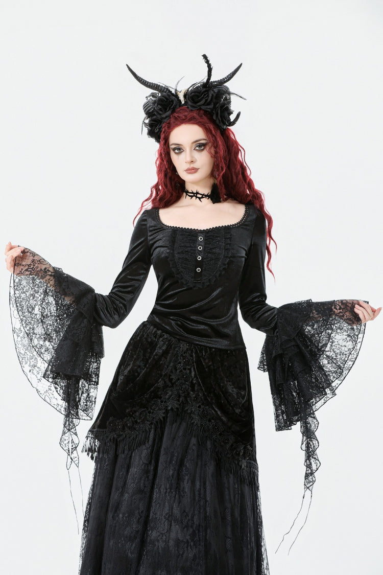 Black Square Collar Multi-Layered Lace Long Flared Sleeves Women's Gothic Palace Velvet Top