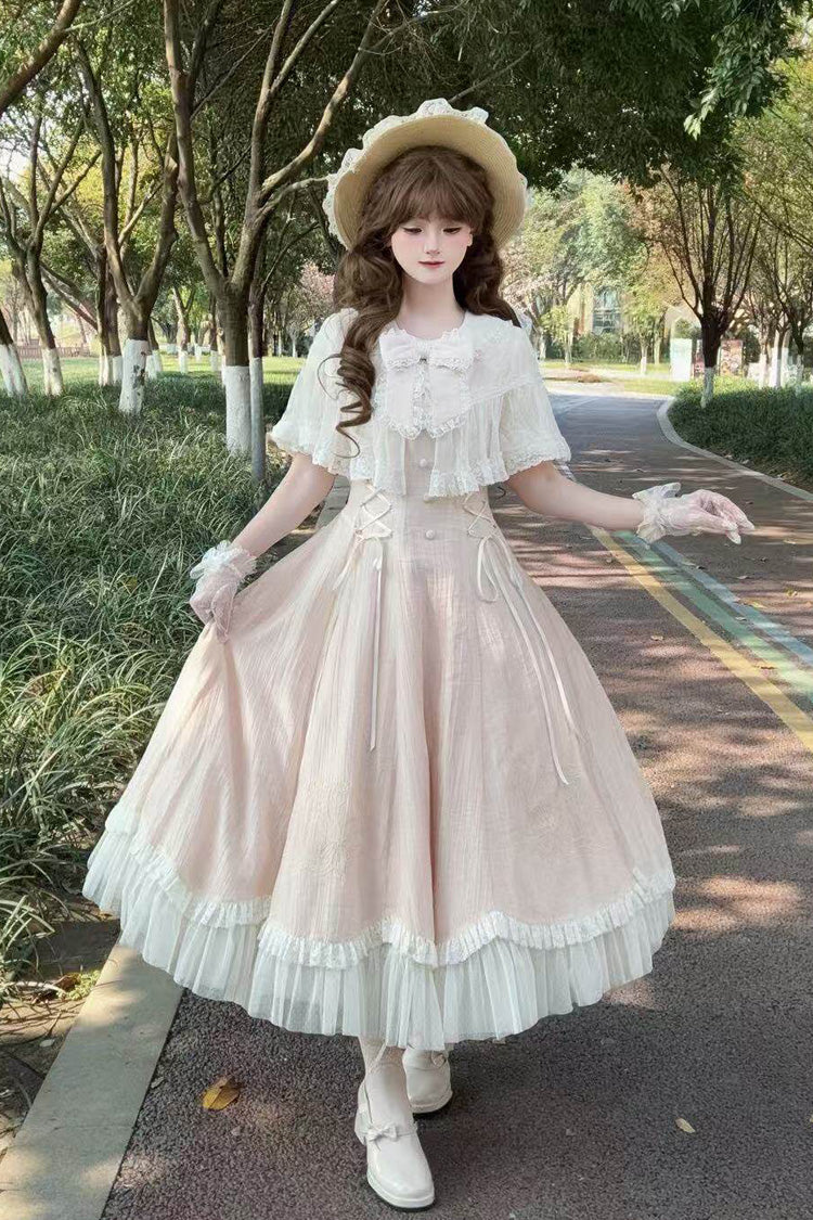 Pink [Wind Chime] Ruffled Embroidered Bow Lace Lace-Up Sweet Lolita Dress