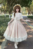 Pink [Wind Chime] Ruffled Embroidered Bow Lace Lace-Up Sweet Lolita Dress