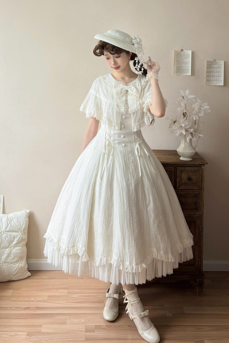 White [Wind Chime] Ruffled Embroidered Bow Lace Lace-Up Sweet Lolita Dress