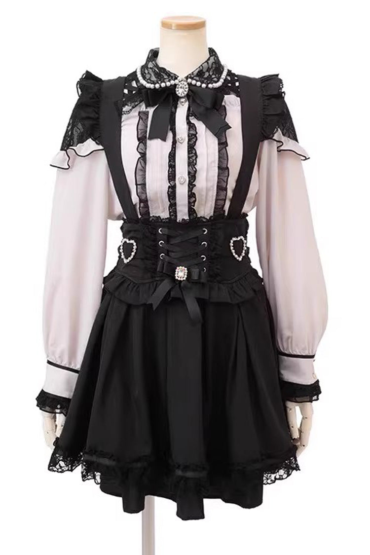Black Ruffled Bow Lace-Up Pearl-Decorated Gothic Jirai Kei Skirt