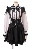 Black Ruffled Bow Lace-Up Pearl-Decorated Gothic Jirai Kei Skirt