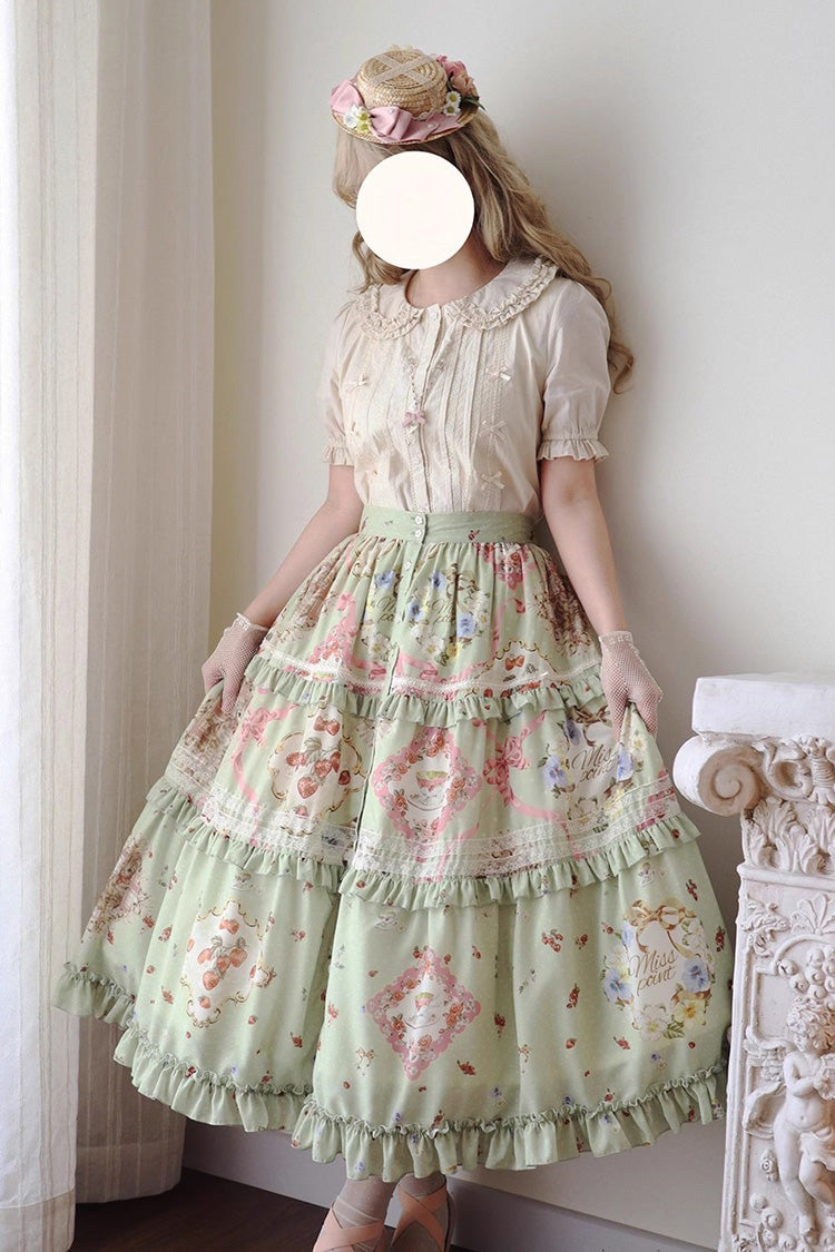 Green [Cat Rose Tea] Print Ruffle Daily Sweet Lolita Skirt