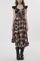 Black/Red Leather Shoulder Strap Plaid Print Ruffle Stitching Irregular Women's Steampunk Dress