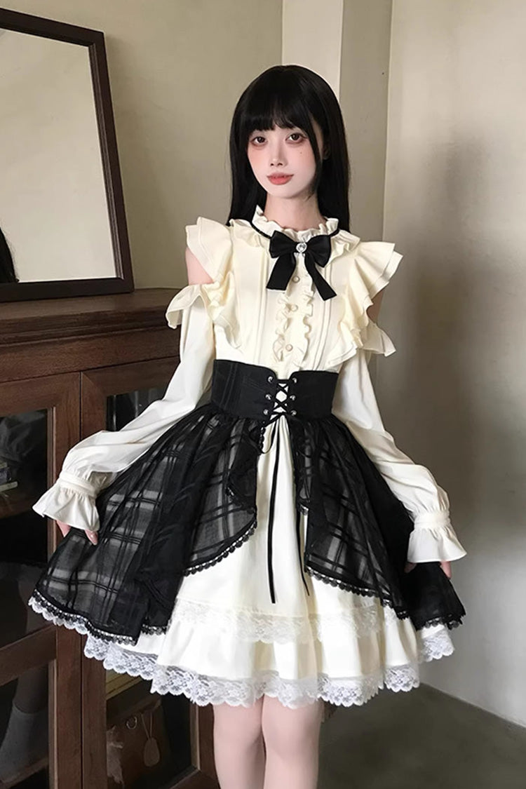Black/Beige [Dark Chocolate Champagne] Stand Collar Off Shoulder Long Sleeves Double-Layered Ruffled Sweet Japanese Lolita Dress