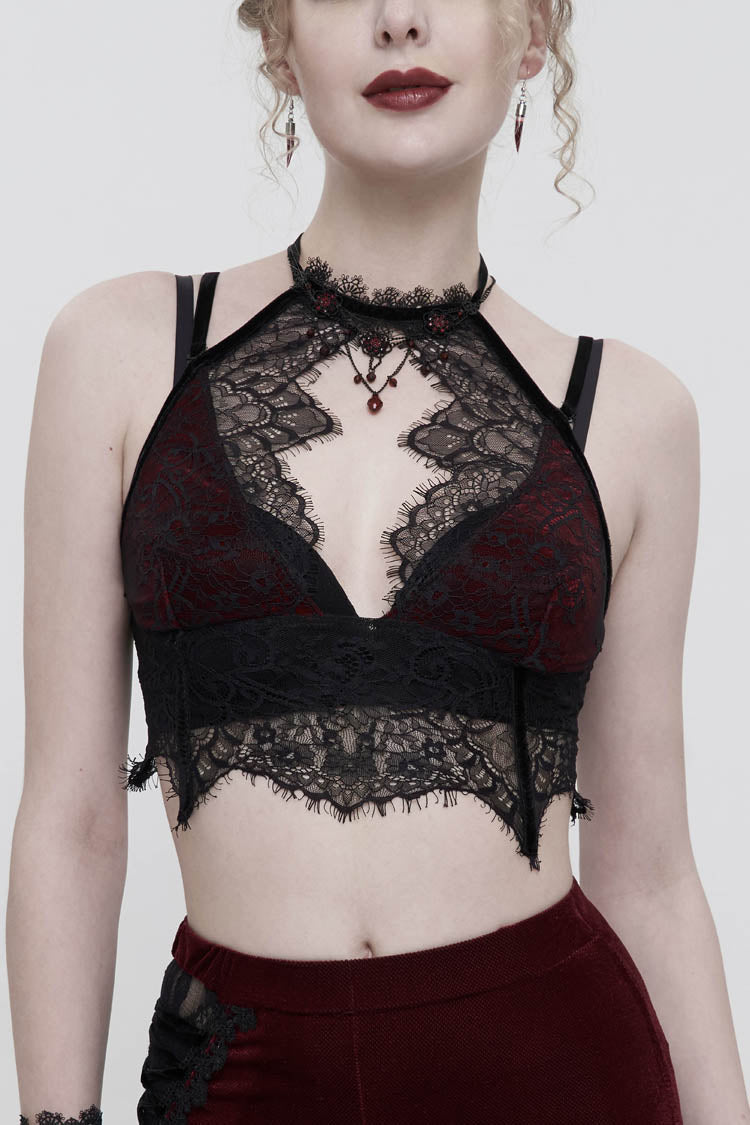 Red Velvet Chest Cutout Lace Hidden Side Zipper Sexy Women's Gothic Halter Lingerie