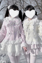 [Diamond Strawberry] Long Sleeves Bow Lace Pearl-Decorated Sweet Jirai Kei Lolita Coat 3 Colors