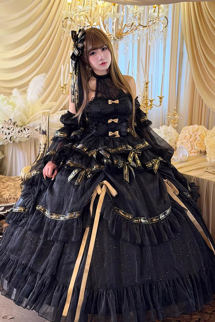 Black [Obsidian Banquet] Double-Layered Ruffled Hanayome Bow Lace Sweet Gothic Princess Lolita Jsk Dress