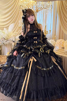 Black [Obsidian Banquet] Double-Layered Ruffled Hanayome Bow Lace Sweet Gothic Princess Lolita Jsk Dress