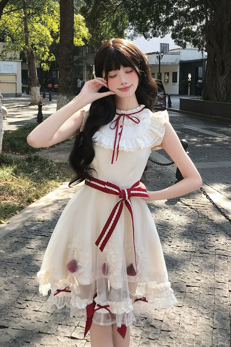 Ivory [Strawberry Mousse Cake] Stand Collar Sleeveless Mesh Ruffled Bow Lace Sweet Lolita Dress