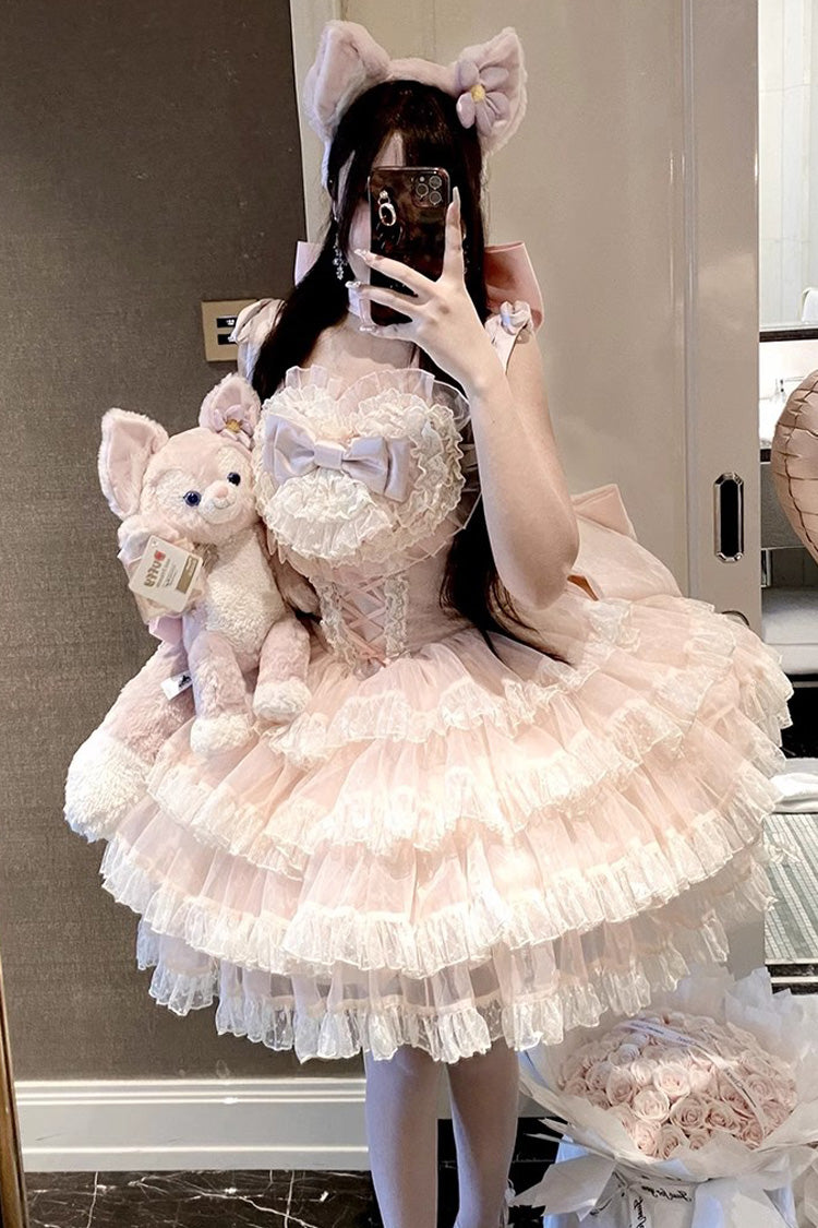 Pink Multi-Layered Ruffle Bowknot Lace Sweet Princess Lolita Jsk Dress