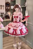 Red/Pink [Scarlet Heart Cocoa] Sleeveless Triple-Layered Ruffle Embroidery Bowknot Lace Sweet Lolita Jsk Dress