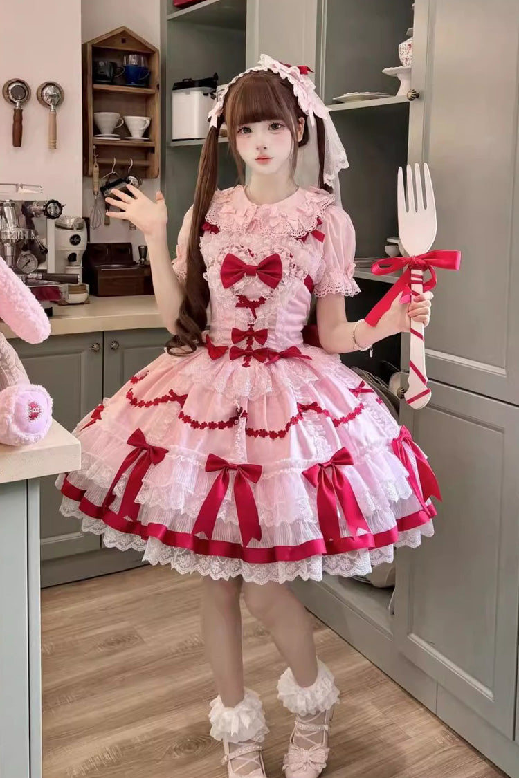 Red/Pink [Scarlet Heart Cocoa] Sleeveless Triple-Layered Ruffle Embroidery Bowknot Lace Sweet Lolita Jsk Dress
