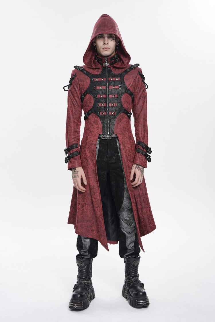 Red Stand Collar Long Sleeves Printed Spliced Studded Buckled Zippered Eyelet Men's Punk Cool Hooded Jacket
