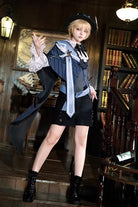 White/Grey/Blue [Age of Machines] Bow Asymmetric Punk Prince Ouji Lolita Shorts Vest Cloak Set