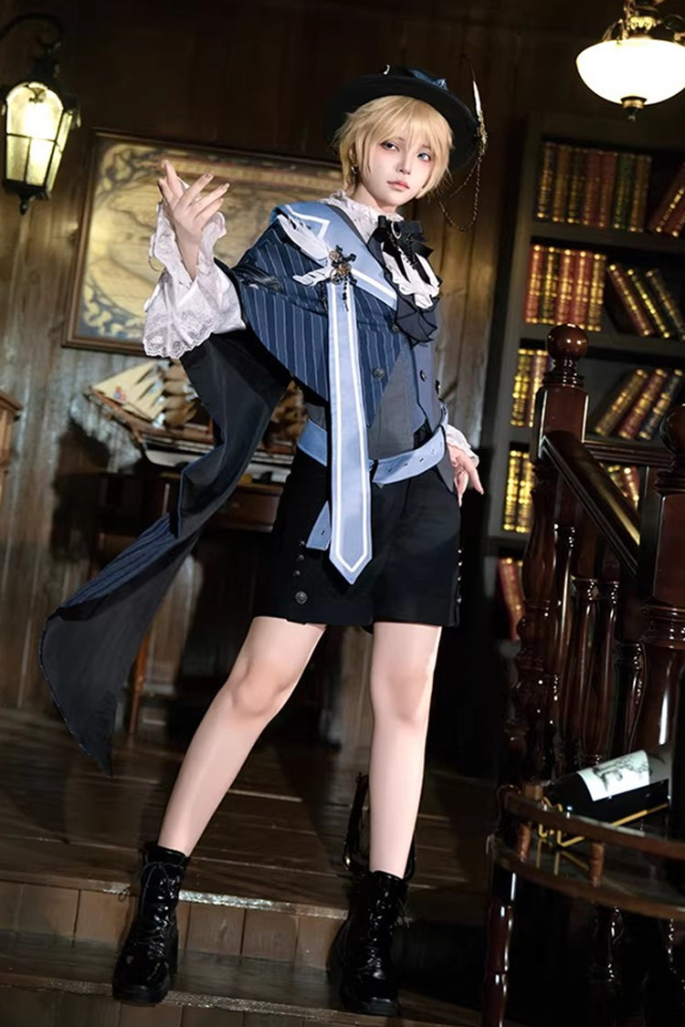 White/Grey/Blue [Age of Machines] Bow Asymmetric Punk Prince Ouji Lolita Shorts Vest Cloak Set