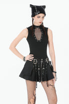 Black Women's Punk Cross Eyelet Cut-Out Coffin Mesh Splice Tank Top