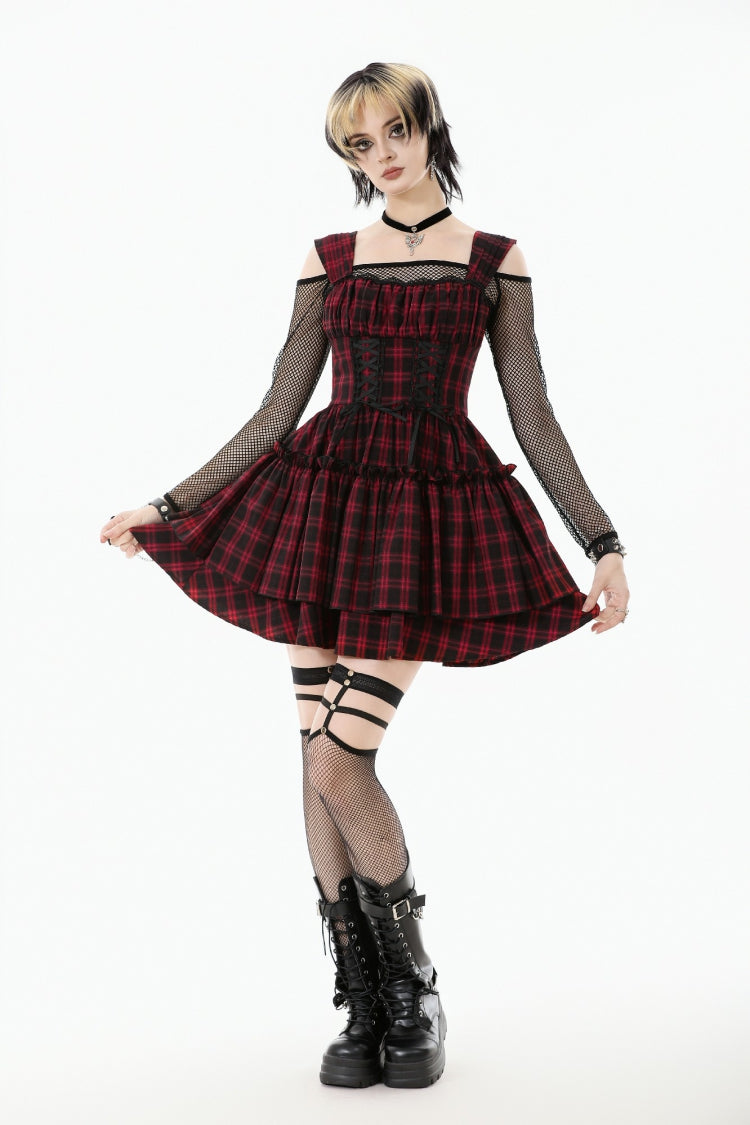 Red/Black Sleeveless Layered Plaid Ruched Women's Cake Dress Graduation Dress