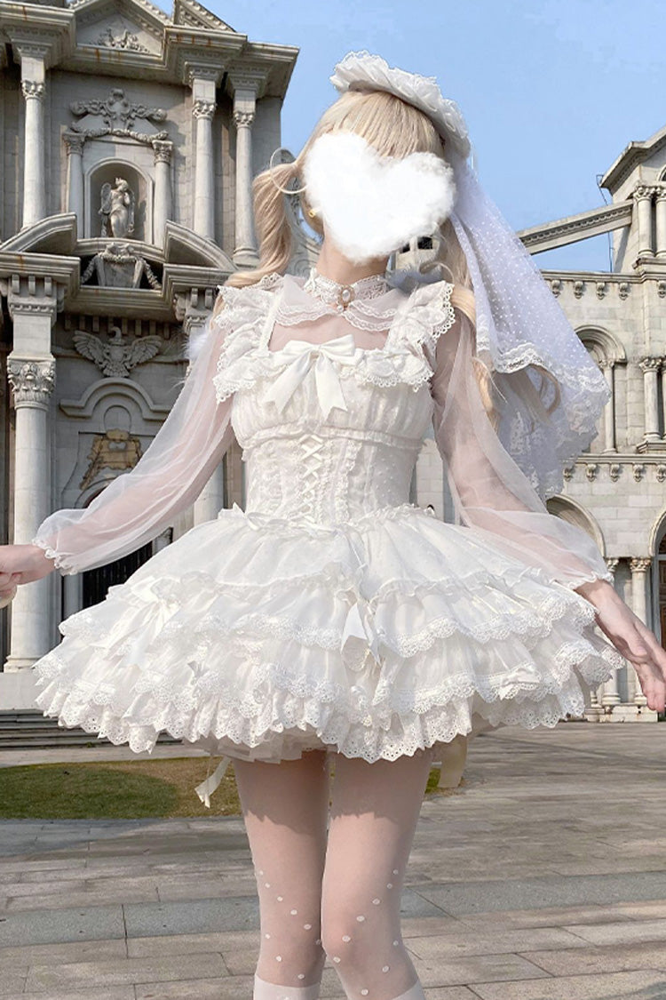 White [Flory Butterfly] Double-Layered Ruffle Bowknot Lace Lace-Up Sweet Ballet Lolita Jsk Dress