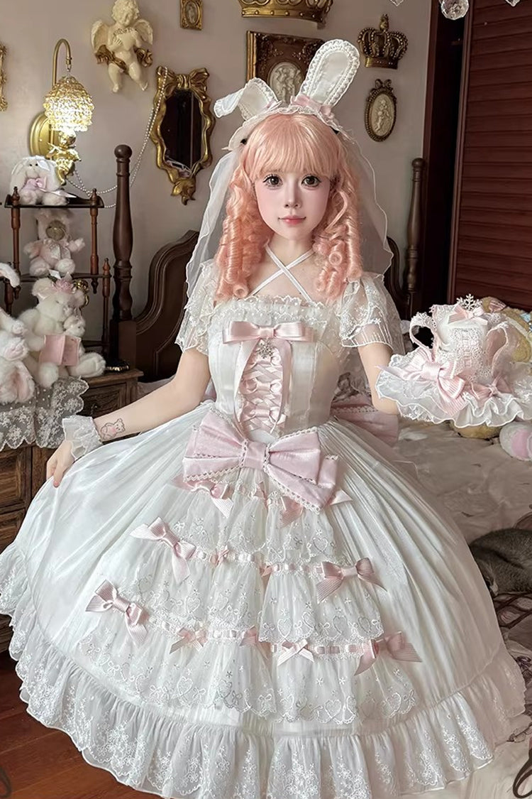 White/Pink [Snow of Love] Ruffled Hanayome Open-Front Bow Lace Sweet Princess Lolita Dress