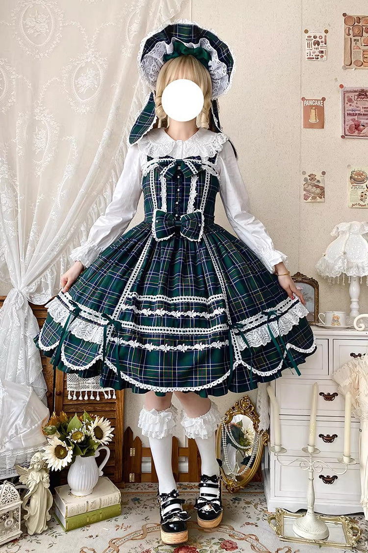 Green [Gingham Petal Bunny] Printed Ruffled Bow Sweet Lolita Jsk Dress