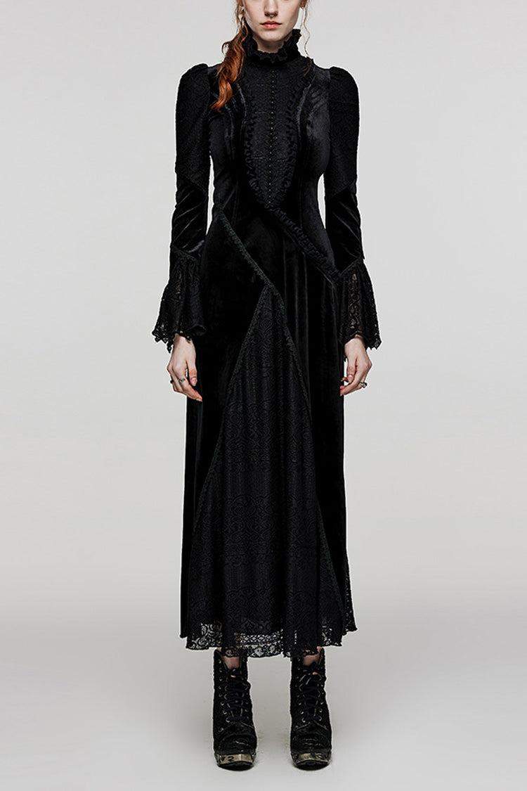 Black Stand Collar Long Trumpet Sleeves Stitching Lace Women's Gothic Dress