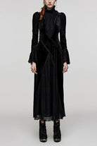Black Stand Collar Long Trumpet Sleeves Stitching Lace Women's Gothic Dress