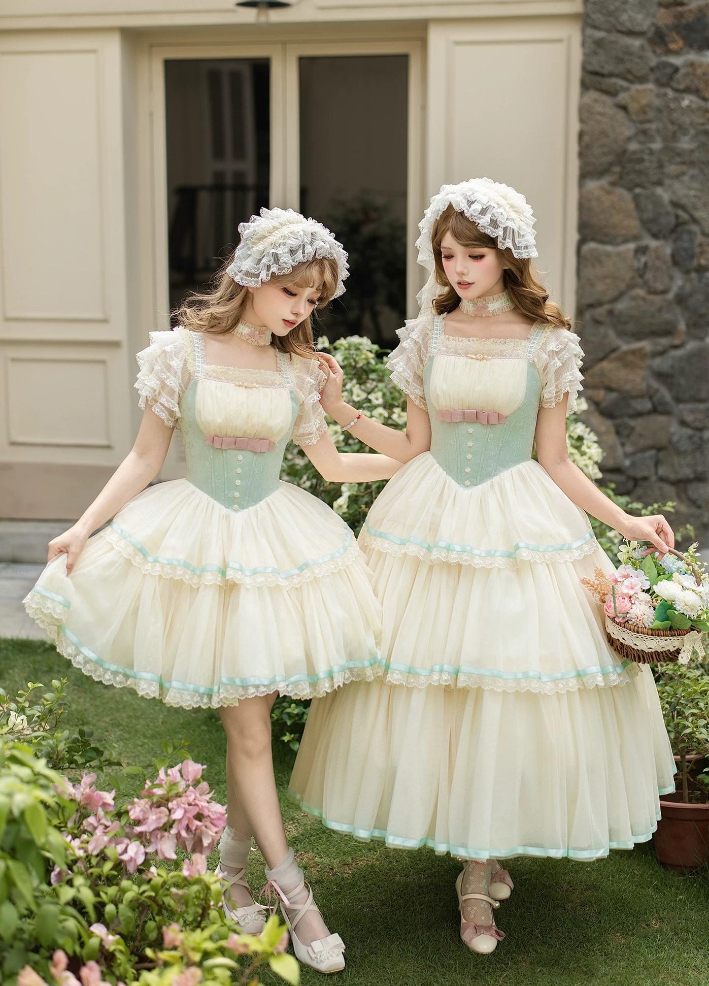 Sea Salt Soda - Classic Lolita Adjustable Corset JSK Dress, Tiered Tulle Hem