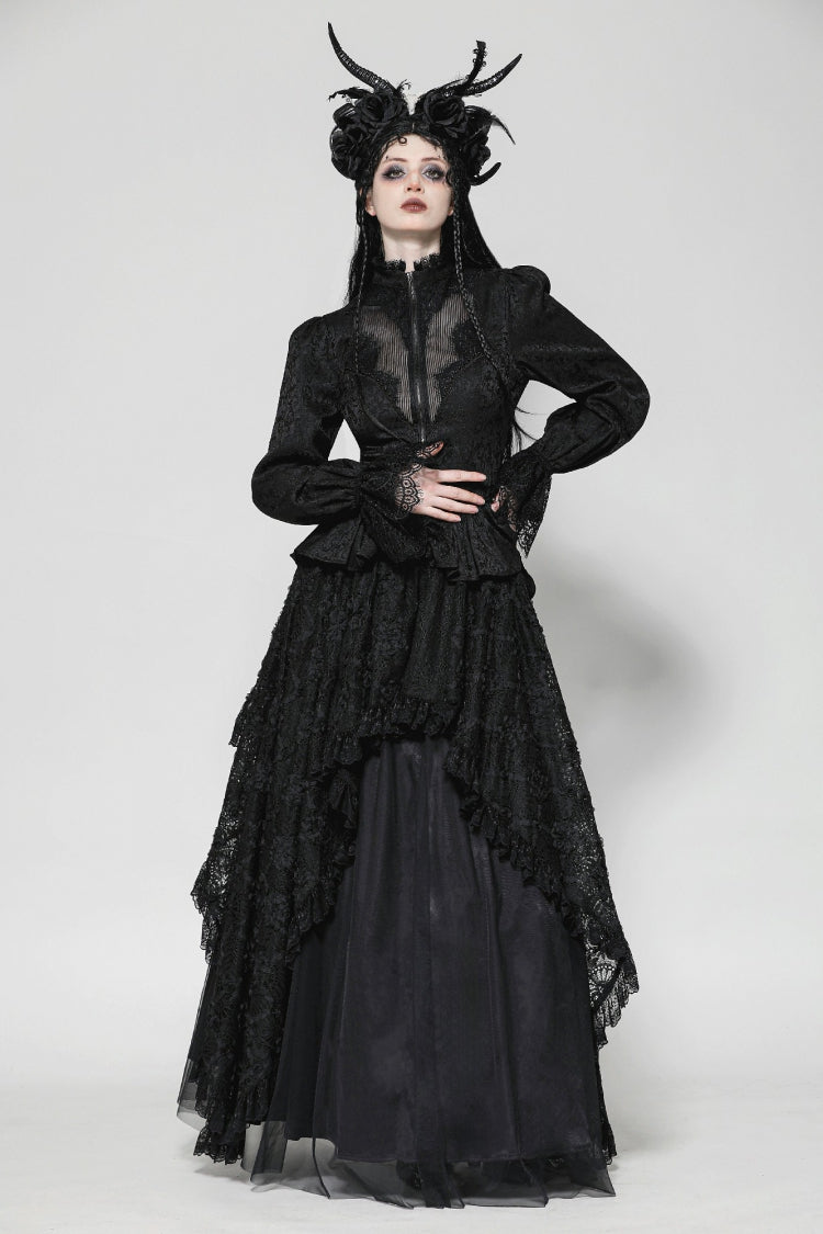 Black Stand Collar Long Trumpet Sleeves Lace Sheer Lace-Up Women's Gothic High Low Tail Coat