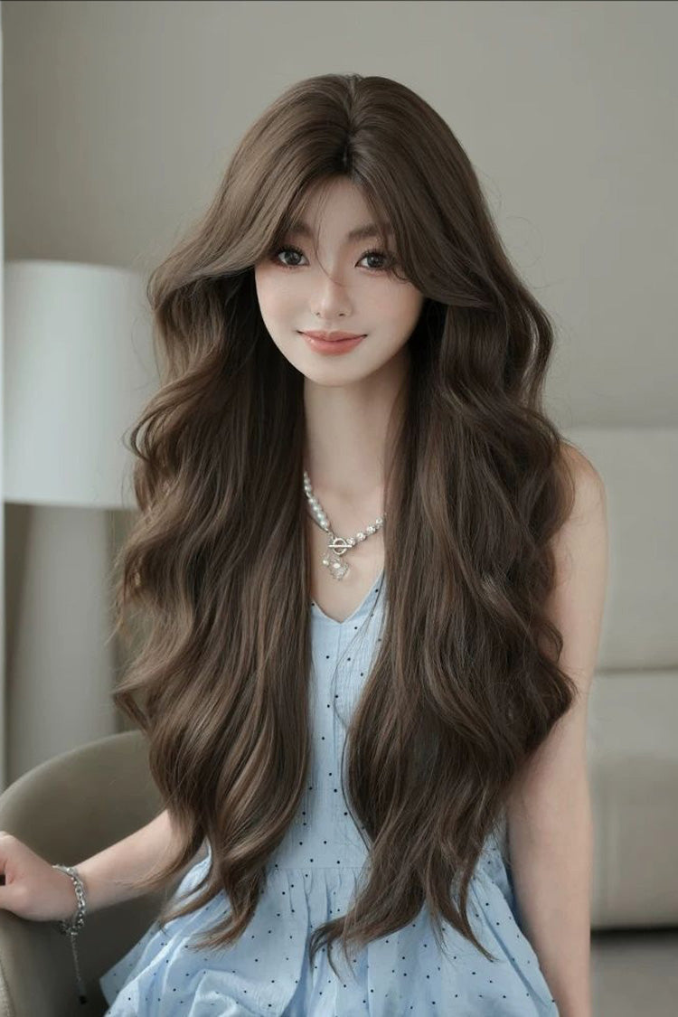 Honey Tea Warm Brown Natural Fluffy Long Wavy Sweet Lolita Wig with Face-Framing Bangs