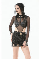 Black Metal Studded Women's Punk Faux Leather Bustier Crop Top with Adjustable Clasps