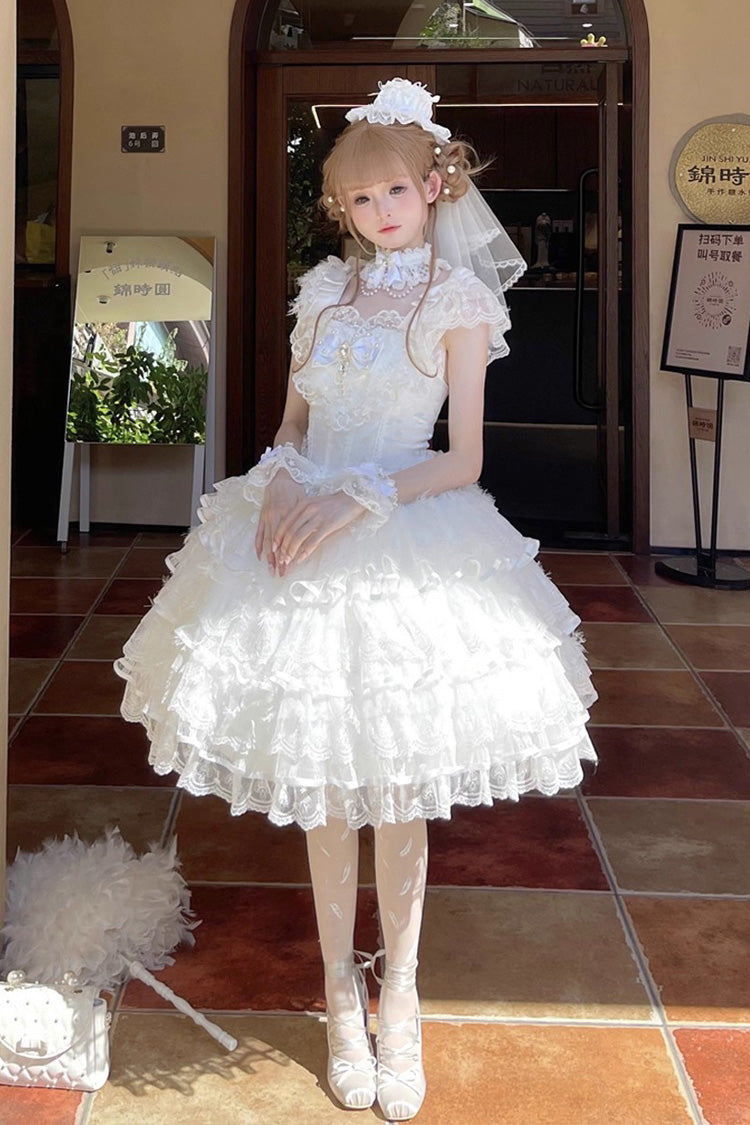 White [Ballad of Feathers] Sleeveless Multi-Layered Ruffle Hanayome Bowknot Sweet Lolita Jsk Dress