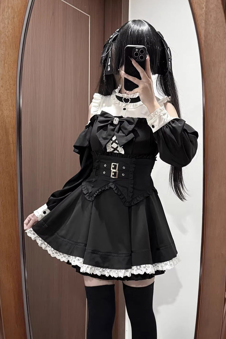 Black/White Off Shoulder Long Sleeves Ruffled Jirai Kei Japanese Dress Set