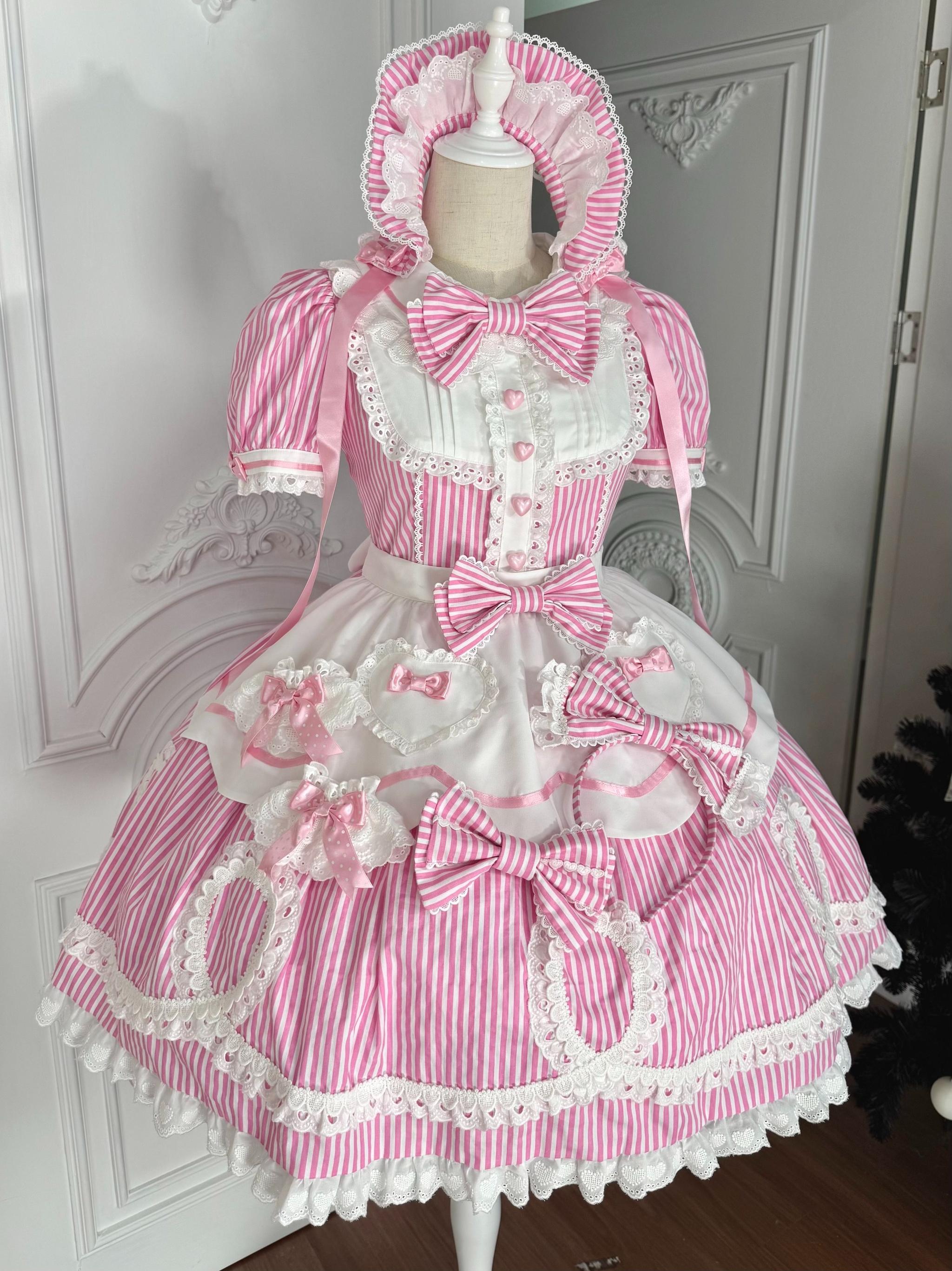 Candy Shop Manager - Old School Lolita Striped OP Dress, Detachable Apron