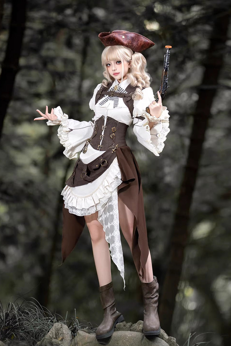 White/Brown [Time Capsule Pirate Style] Long Sleeves Ruffled Irregular Gothic Vintage Elegant Lolita Skirt Set