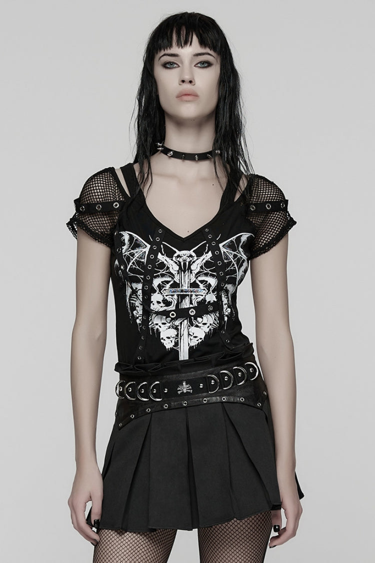 Black Short Sleeves Printed Spliced Mesh Strappy Eyelet Women's Punk T-Shirt