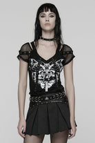 Black Short Sleeves Printed Spliced Mesh Strappy Eyelet Women's Punk T-Shirt